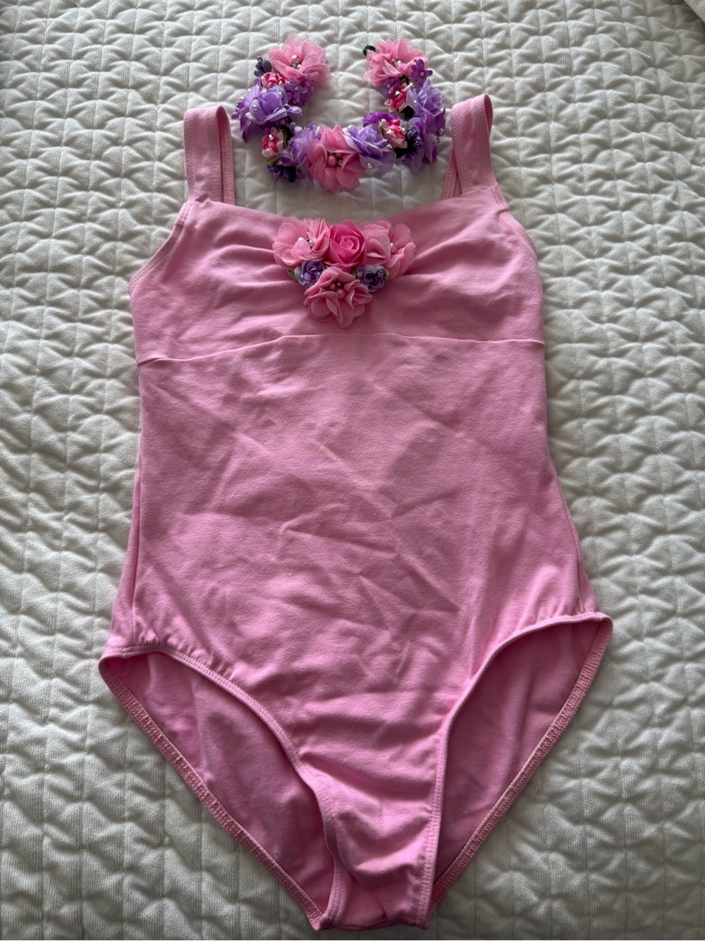 Pink Floral Embellished Dance Leotard with Bun Wrap